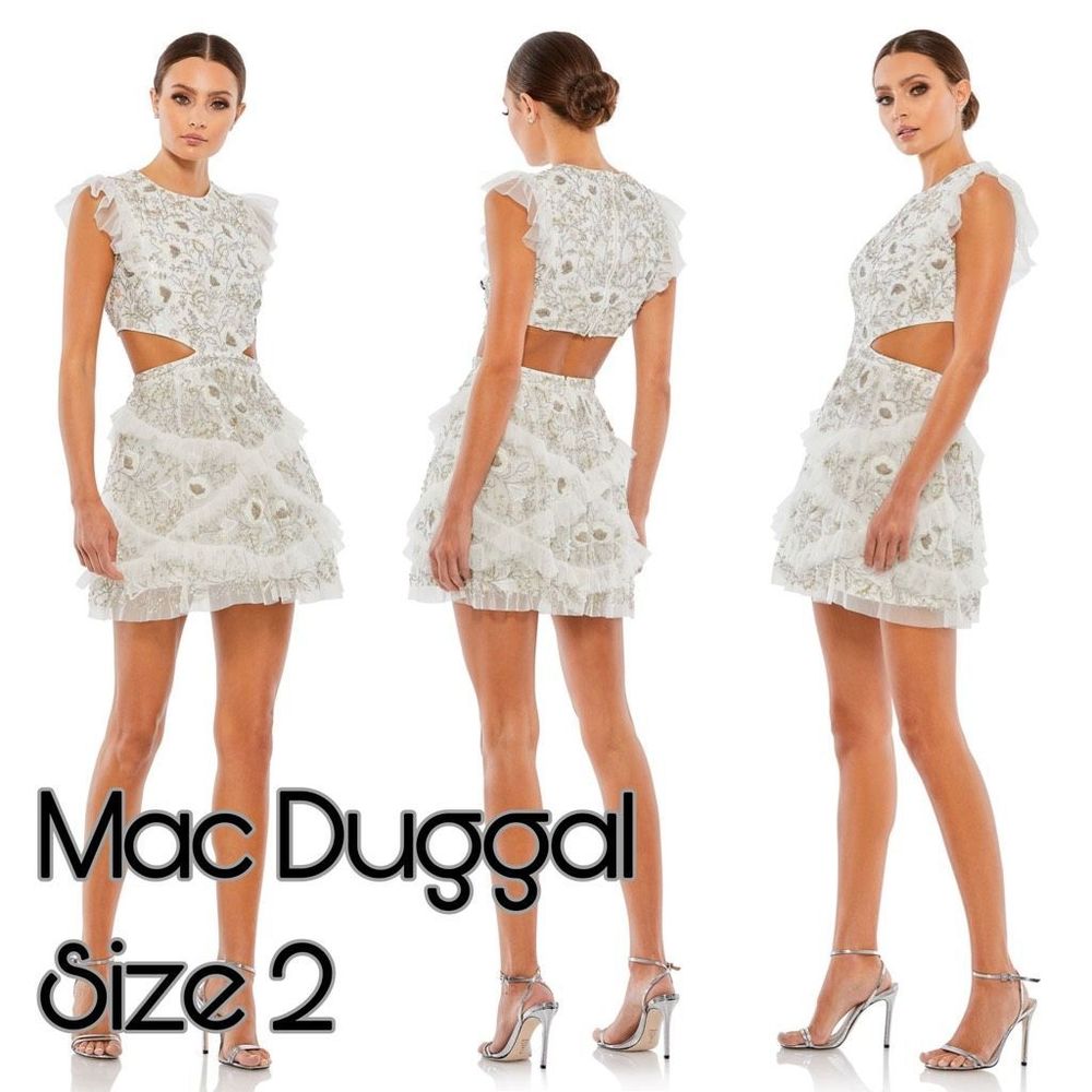 Mac Duggal White & Gold Embellished Cutout Mini Dress